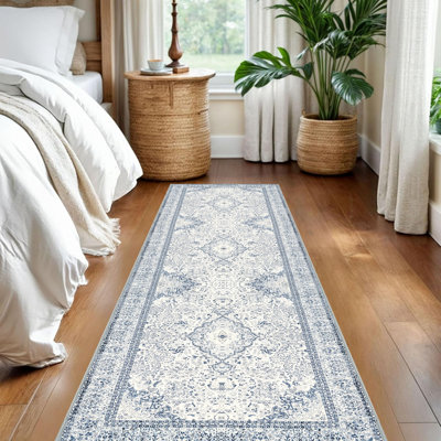 Tapis lavable, tapis à imprimé floral rétro antidérapant doux pour le salon, la chambre à coucher, la cuisine, les tapis d'intérieur légers et résistants aux taches, bleu