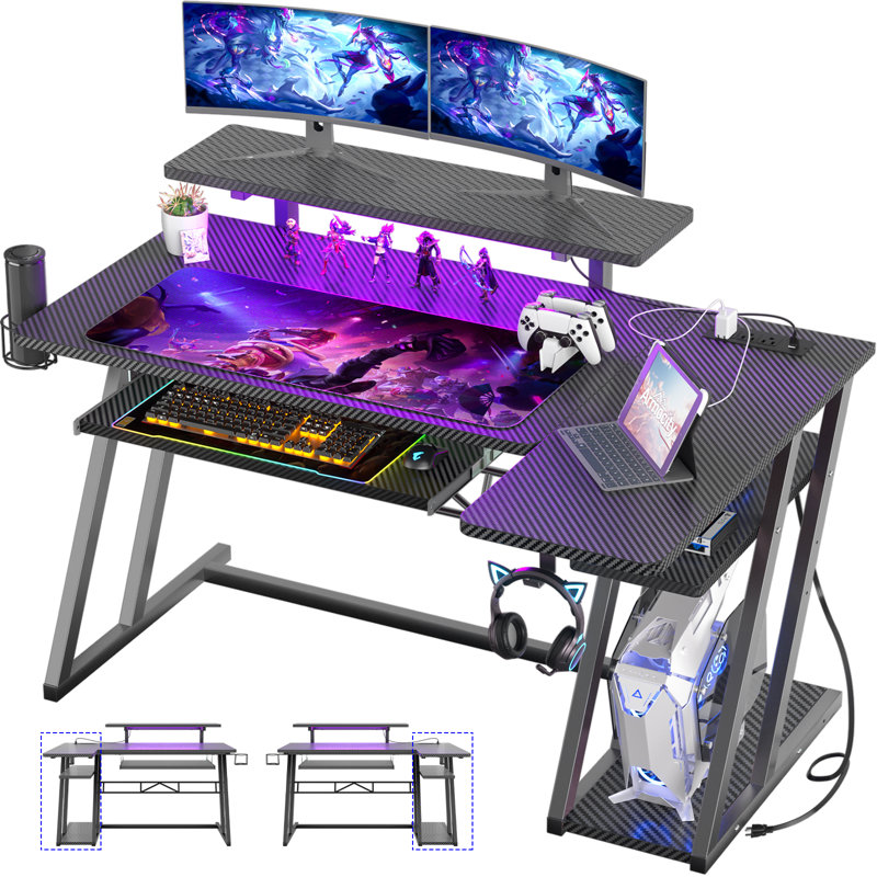 Carbon Fiber Black L-Shaped Gaming Desk with Monitor Stand and LED Lights