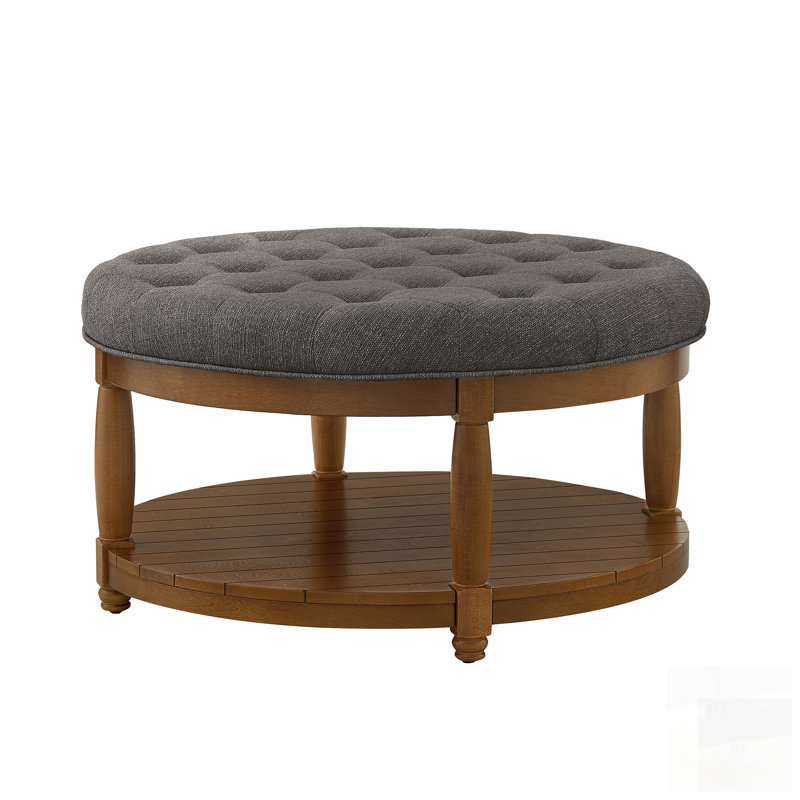 Large Round Upholstered Tufted Linen Ottoman Coffee Table, Solid Wood Shelf For Durable And Stylish Home Decor, Brown