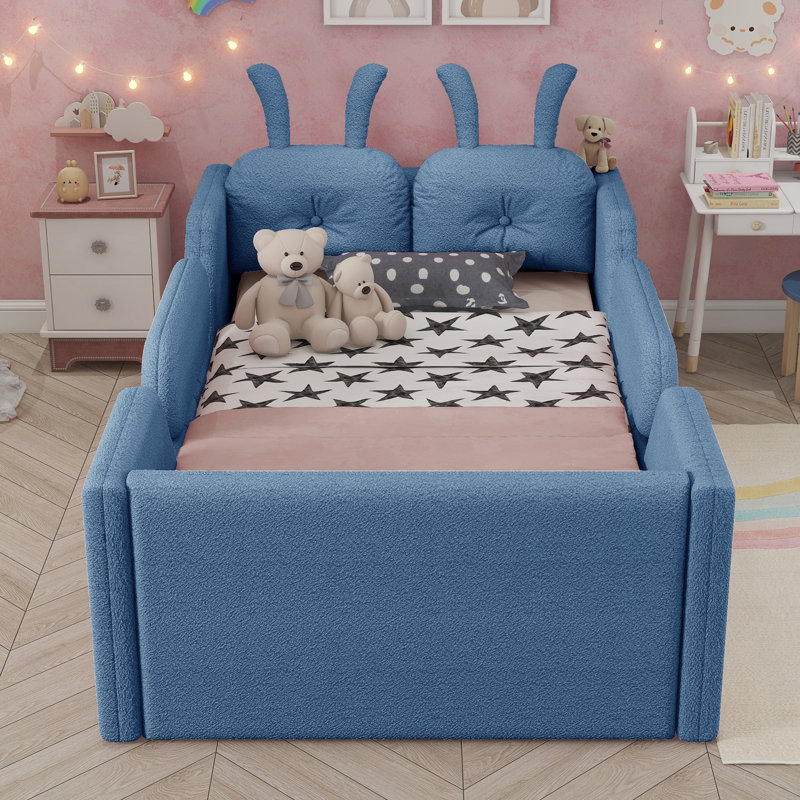 Lit plateforme tapissier moderne avec coussin en lapin, lit tapissier au sol avec rails latéraux amovibles, Bleu