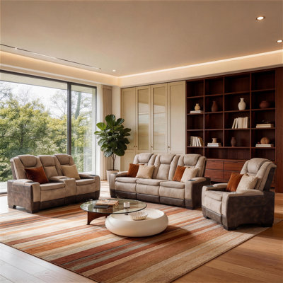 Premium Faux Leather 3-Piece Living Room Set with Drop-Down Table, Center Console, Cup Holders & Touch Reading Lights