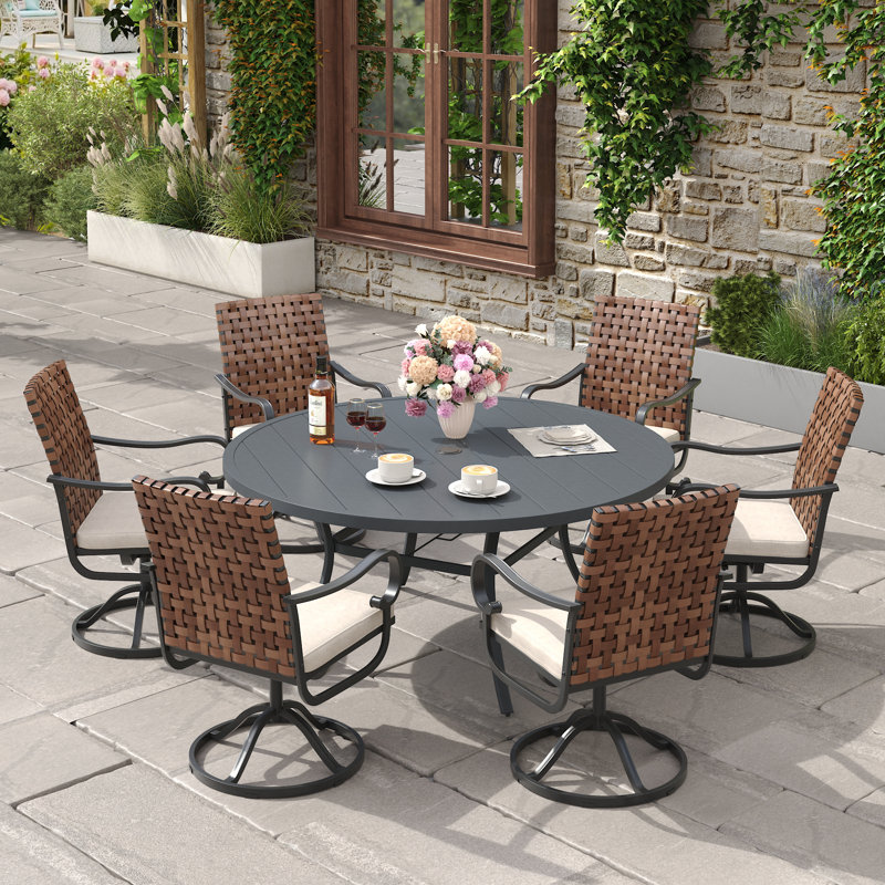 6-Person Outdoor Patio Dining Set With Wicker Swivel Chair, Gray