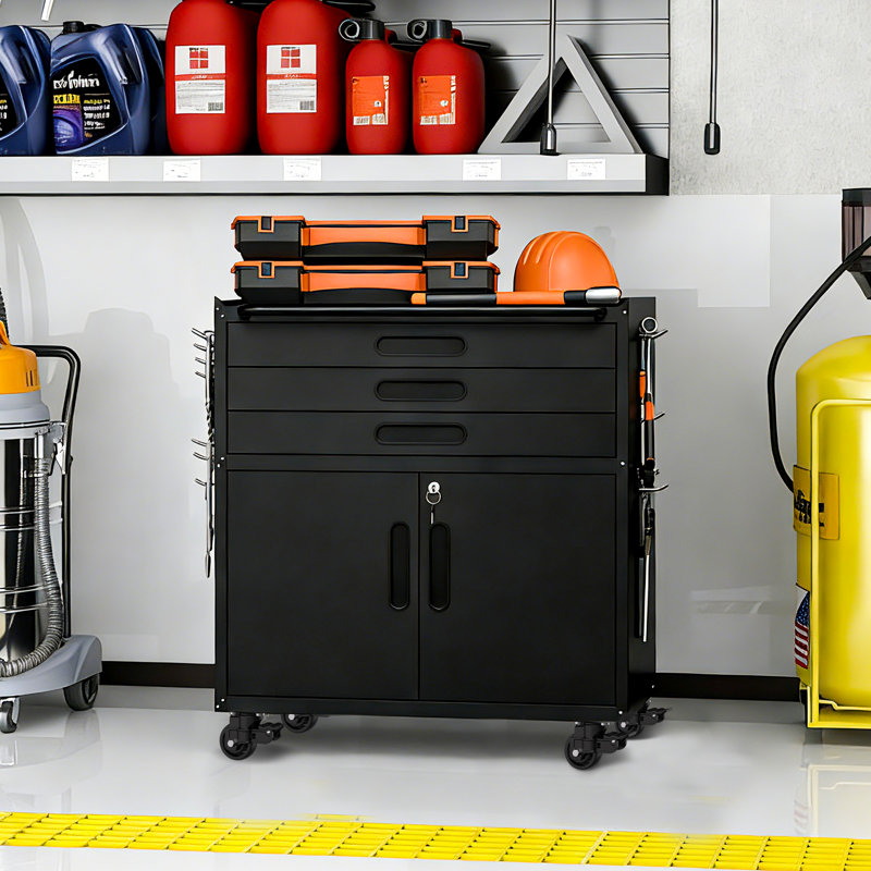 34.3"H Heavy-Duty Rolling Tool Cabinet with Lockable Doors & 3 Drawers, All-Steel Mobile Garage Storage and Workbench