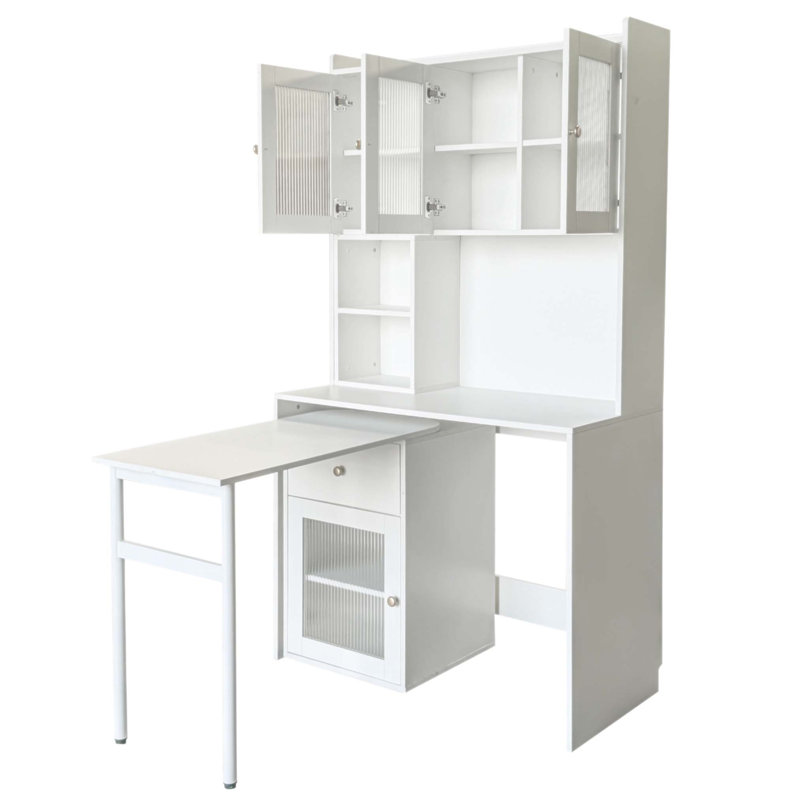 Bureau d'ordinateur polyvalent avec bureau rotatif à 90 degrés, armoires à porte en verre et grand espace de rangement pour la maison ou le bureau