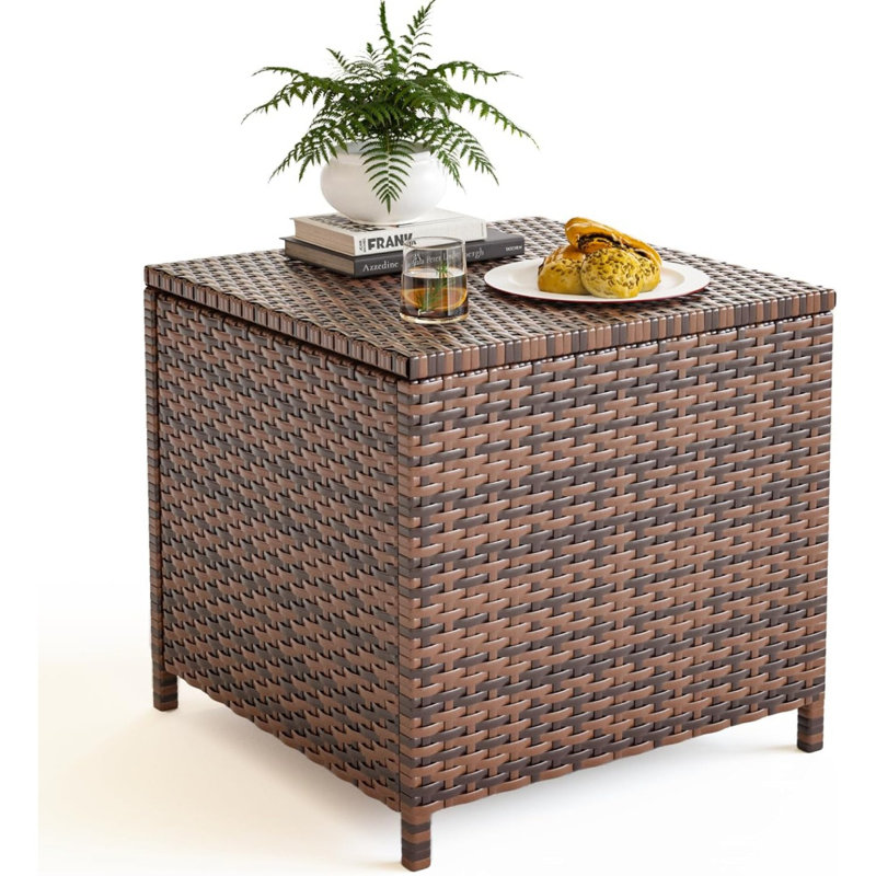 Outdoor Wicker Side Table With Storage Patio Rattan End Table Small Resin Square Container Coffee Table Backyard Pool For Furniture Covers, Toys And Gardening Tools