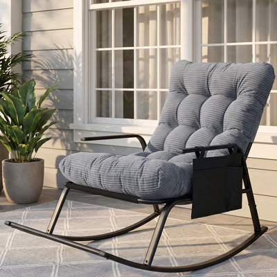 48×35.8×29.1in Vertical Striped Padded Rocking Chair with Independent Armrest & Side Storage Pocket, Leisure Patio Furniture, Sturdy Outdoor Patio Furniture Set for Balcony, Backyard, Garden(Gray)