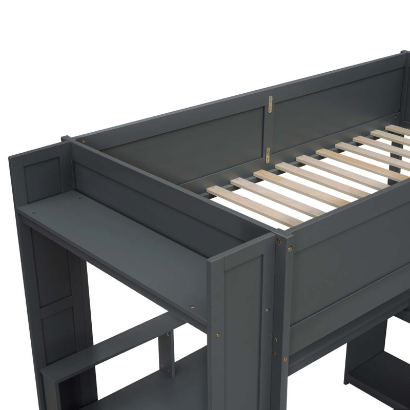 Lit mezzanine en bois dédié avec jeu de travail en bois, tablettes multicouches, lumières DEL et station de charge pratique, gris foncé