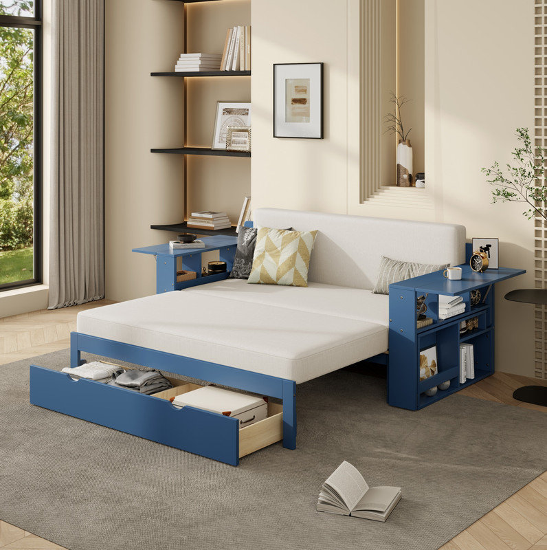 Full Size Daybed with Removable Desk, Storage Drawers & Hydraulic Side Table, Blue, Blue, Full 
