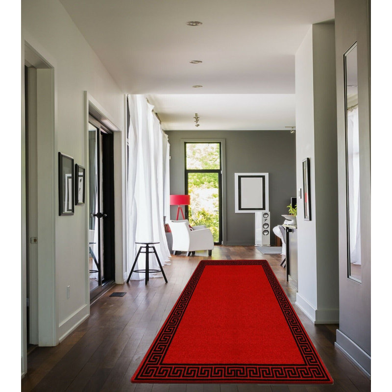Plain Rug with Greek key Bordered Gel backed Rug Alyne Red/Black Rug, Rectangle 120 x 170cm
