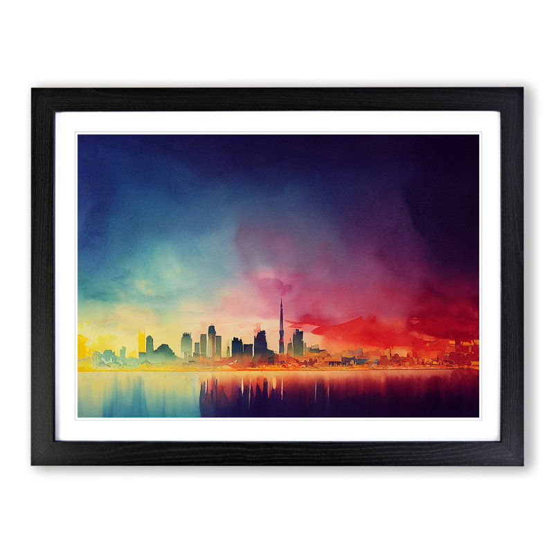 Skyline City Watercolour - Framed Print, 25cm H x 34cm W x 2cm D, Black Framed