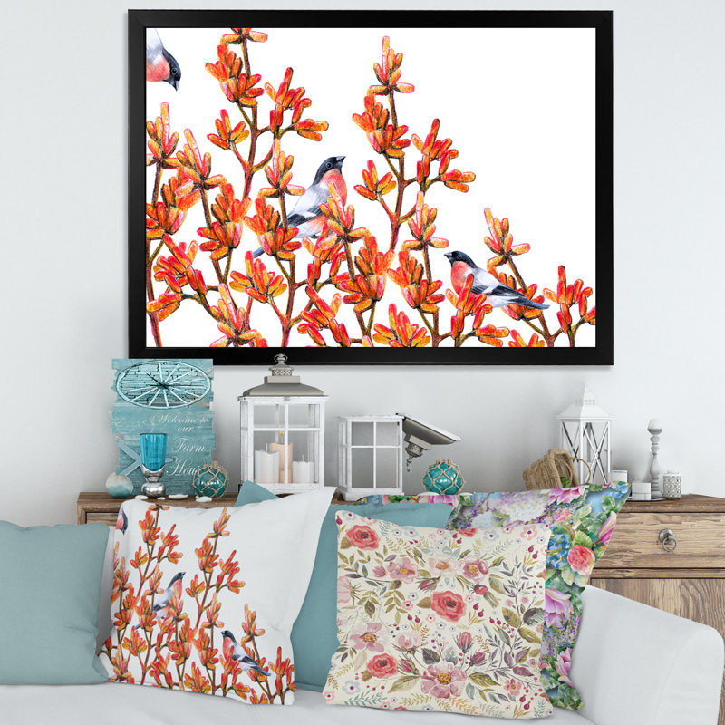Volée de bouvreuils sur branches orange - Peinture sur toile, H 24 po x l 32 po x 1,5 po, Toile avec cadre noir