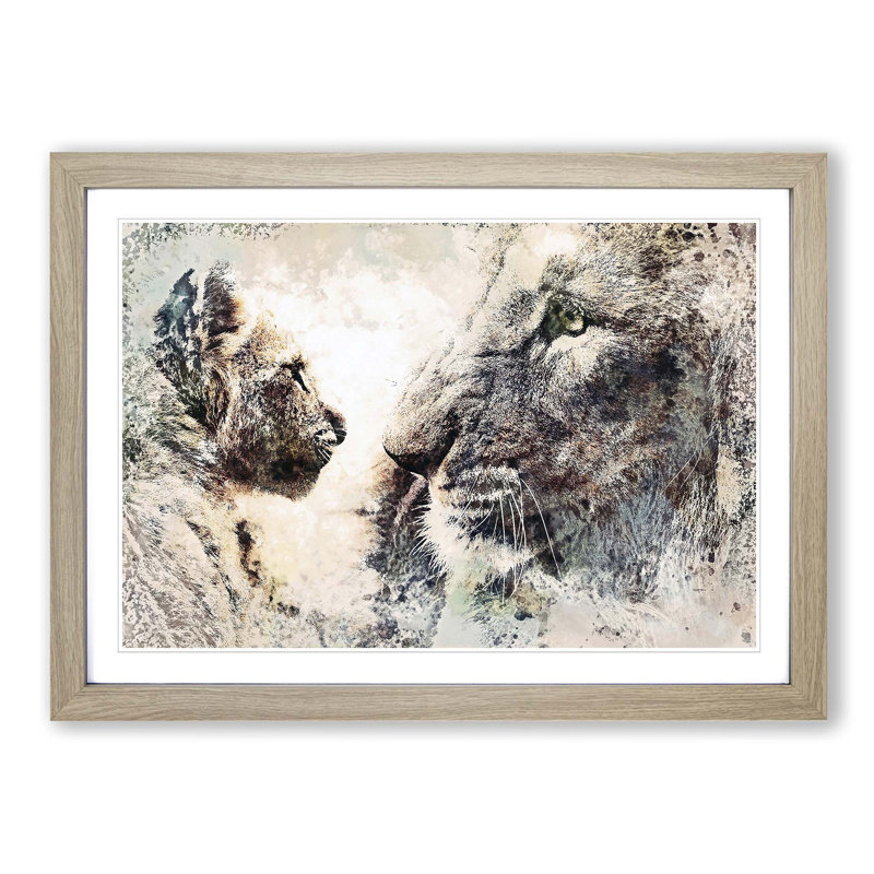 Lion Cub with Its Mother in Abstract - Picture Frame Painting Print, 27cm H x 36cm W x 2cm D, Oak Framed