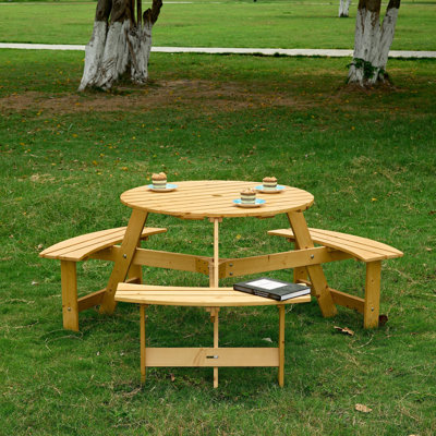 Table de pique-nique d'extérieur en bois naturel pour 6 à 3 bancs encastrés, trou pour parasol, patio et jardin, avec trou pour bancs. Bois, surface imperméable, jardin,