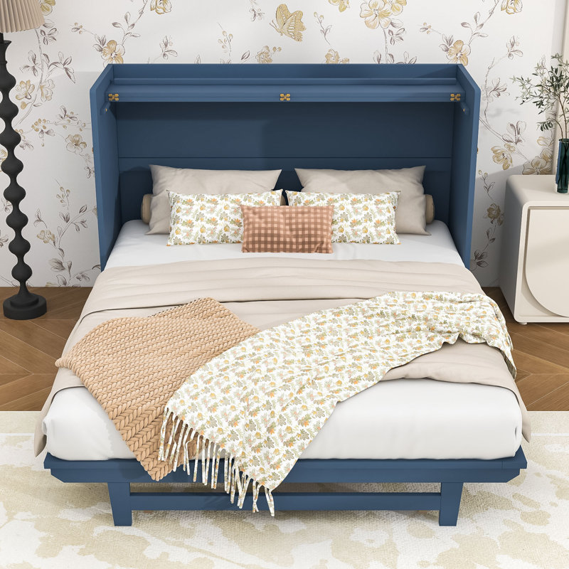 Grand lit escamotable en bois avec lattes, Bleu