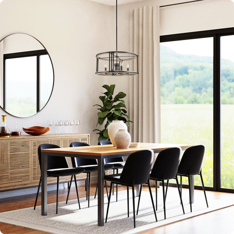 23" 4-Light Modern Farmhouse Drum Pendant Light, Adjustable Hanging Height, Light Cedar Wood Finish + Black Finish