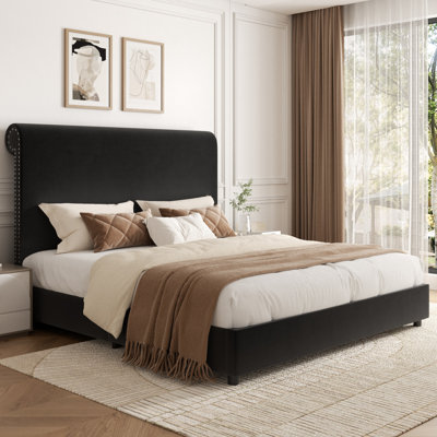 Upholstered Sleigh Platform Bed with Nailhead Trim Headboard