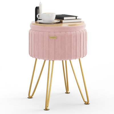 Round Pleated Velvet Ottoman with Storage