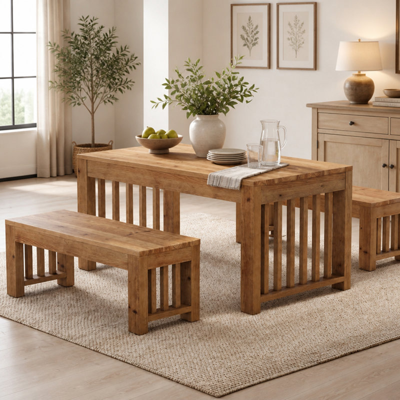 55" Rectangular Dining Table Set, Solid Wood Kitchen Table and Bench for 4 People