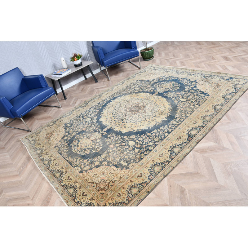 Grand tapis turc rétro bleu tissé à la main avec motif en médaillon idéal pour rehausser le décor de votre salon