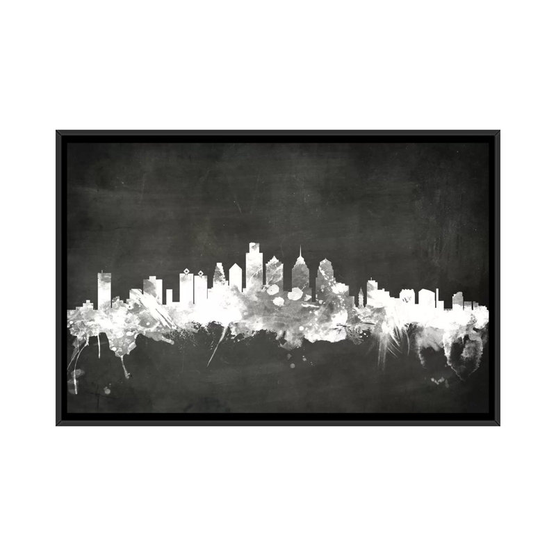 «Blackboard Skyline Series: Philadelphia, Pennsylvania, USA», reproduction d'art sur toile tendue, Toile avec cadre noir