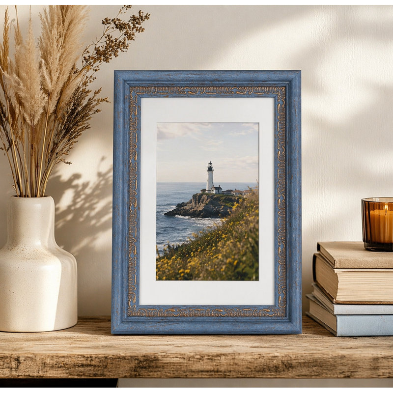 Cadre photo bleu orné avec passe-partout pour affichage mural ou de table, Blue, 4 po x 6 po, 3.5" x 5"