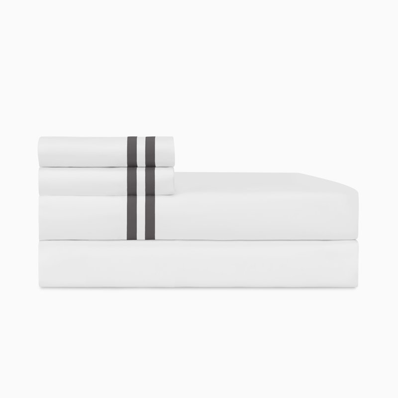 Ribbons Sateen Sheet Set, White/Grisaglia Gray, Twin