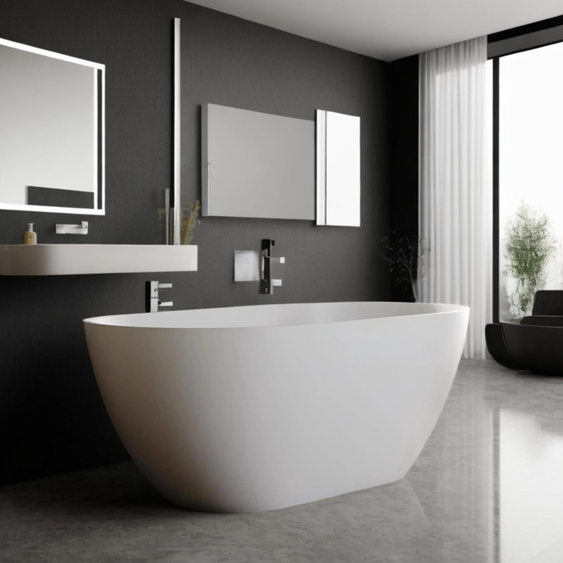 59" Freestanding Solid Surface Bathtub, Luxury Engineered Stone Resin Freestanding Soaking Bathtub with Overflow and Pop-up Drain for Contemporary Bathroom