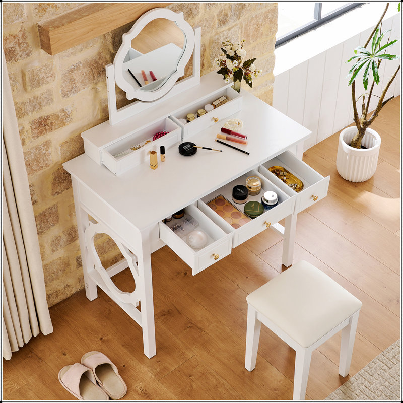 Coiffeuse compacte avec miroir réversible, coiffeuse avec tabouret, coiffeuse compacte pour petits espaces
