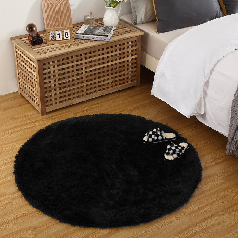 Black Washable Shag Area Rugs Non-Slip Fluffy Shag Plush Fuzzy Shaggy Rug for Living Room, Bedroom, Home Decor, Round 5'