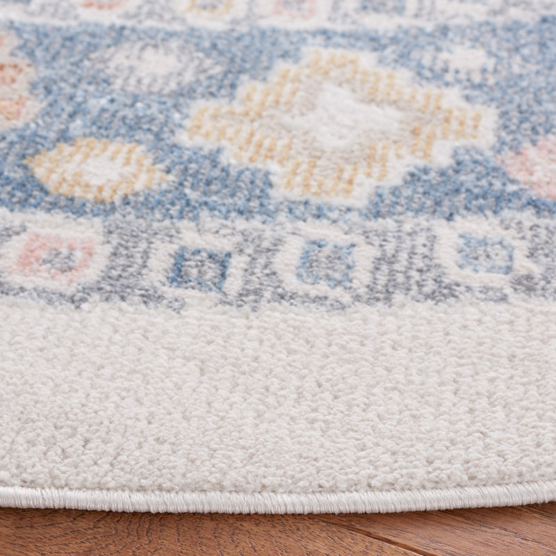 Tapis beige / bleu Huitt lavable 218, Rond 6 pi 7 po