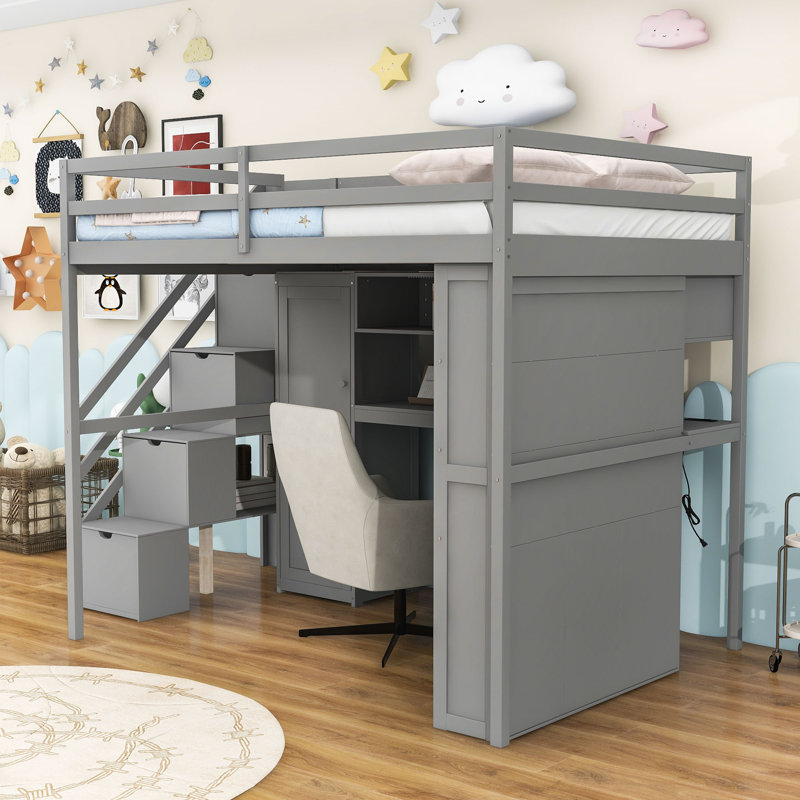 Full Wood Loft Bed with LED Light, Wardrobe, Desk and Shelves, Gray