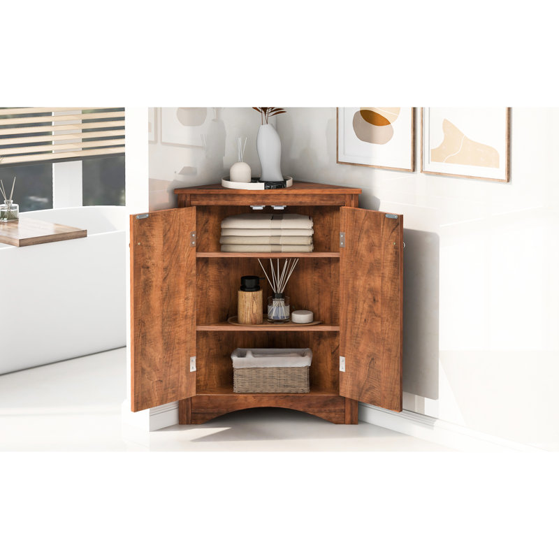 Armoire de rangement de coin triangulaire avec tablettes réglables, couleur brune, matériau, amplement pour la salle de bain, le salon et le couloir, - preuve, quincaillerie en métal, chute, salle de bain adaptée