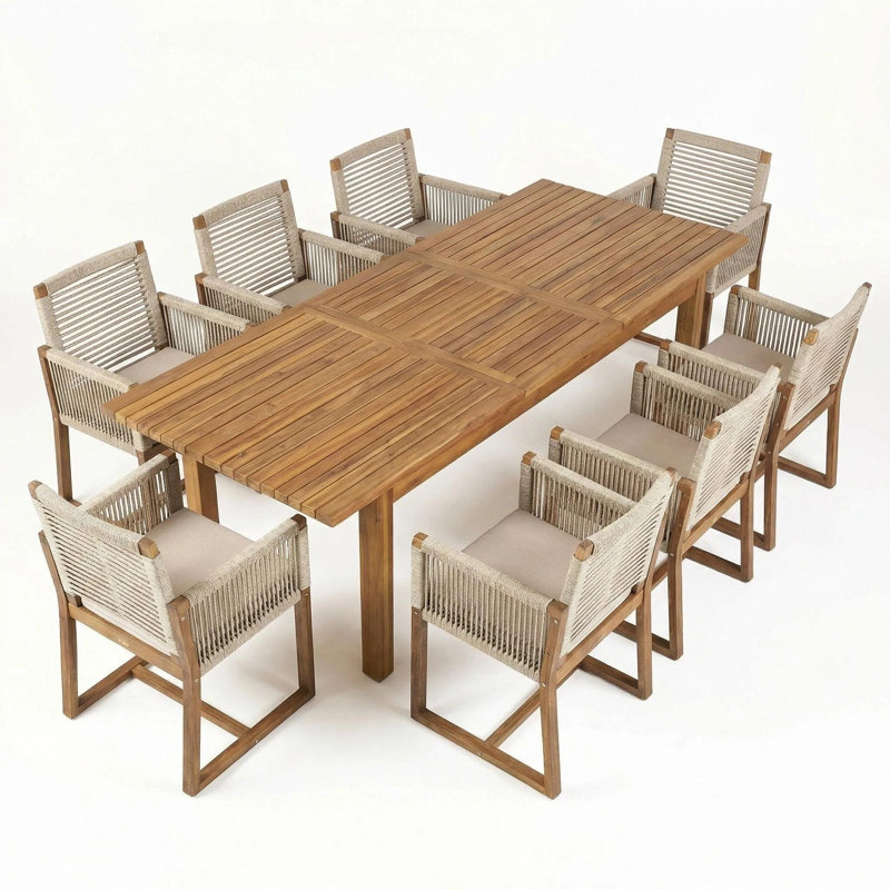 Cullors 9-Piece Modern Coastal Acacia Wood Patio Dining Set With Rope-Woven Armchairs And Expandable Slatted Table