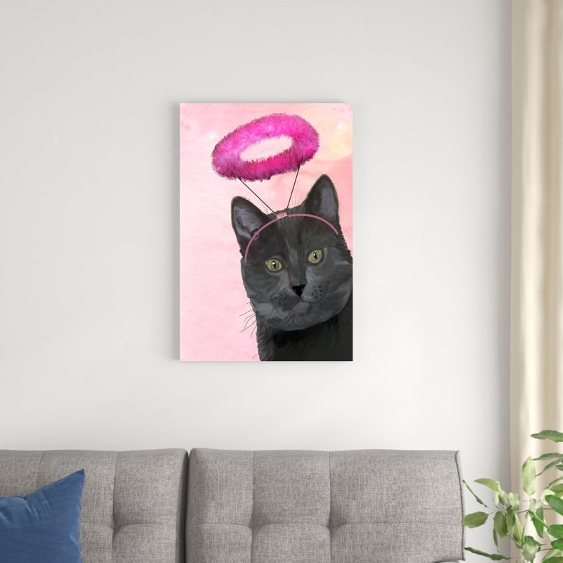 Chat noir avec halo ange rose, H 30 po x l 20 po x P 1 po