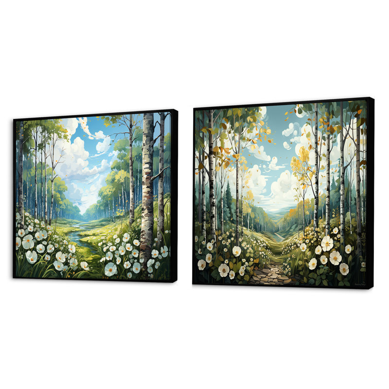 Birch Woods Whispering Winds - Ensemble de 2 carrés de forêt, Cadre flottant noir, H 36 po x l 73 po