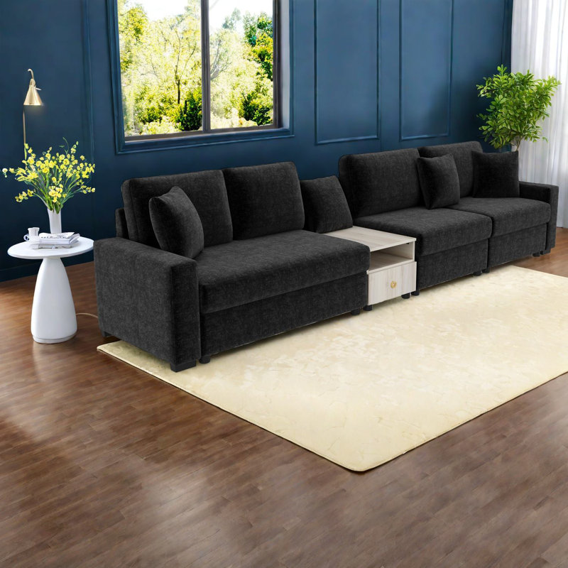 Canapés noirs modernes avec revêtement en chenille, accoudoirs de rangement et console centrale pour le salon