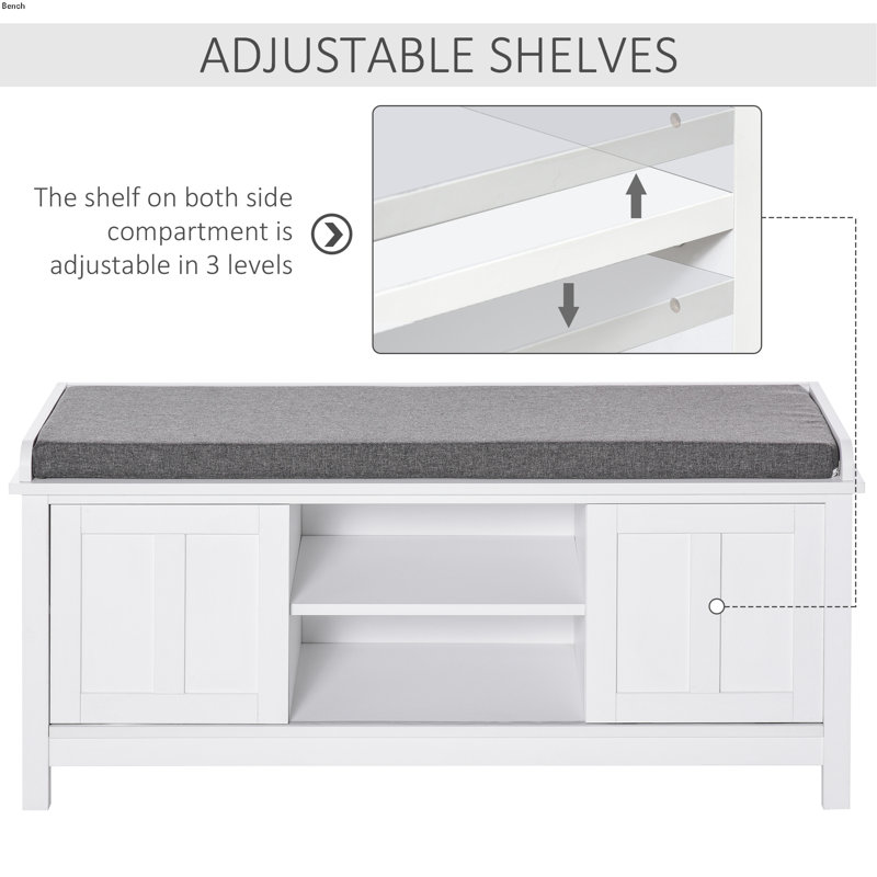 Entryway Shoe Bench, Storage Ottoman Bench With Adjustable Shelf, White