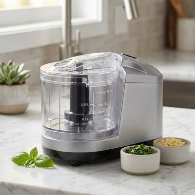 1.5-Cup One-Touch Electric Food Chopper, 100W Mini Food Processor & Meat Grinder with Stainless Steel Blade, for Chopping, Mincing, Mixing & Blending Vegetables, Fruits, Nuts, Meats (Silver)