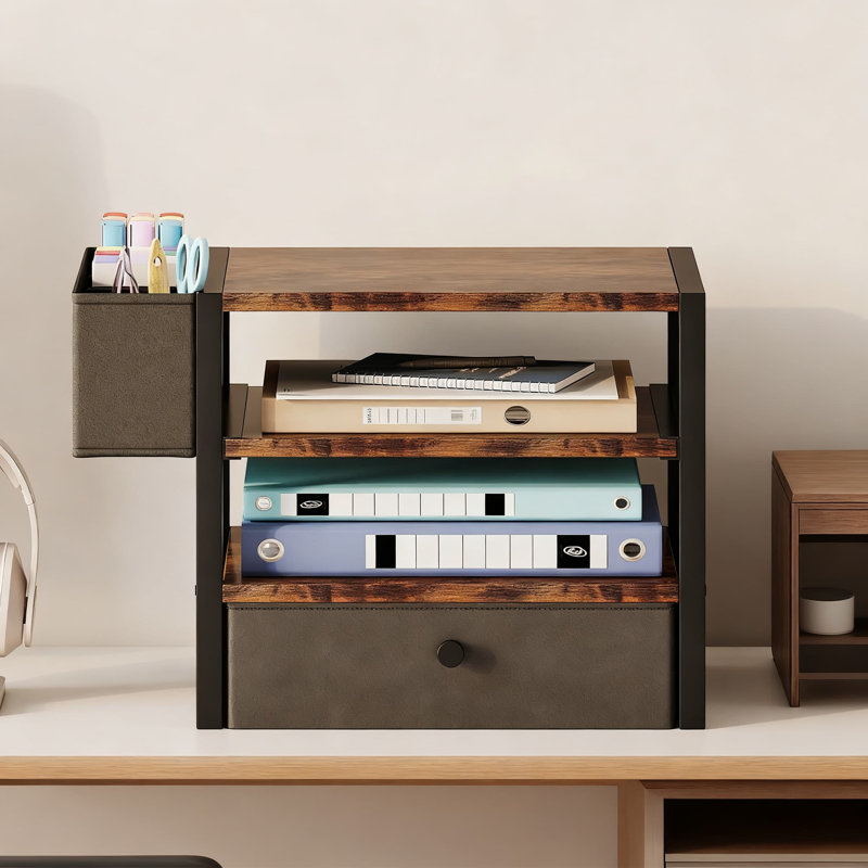 4-Tier Desktop Organizer With Sliding Paper Tray, Fabric Drawer And Pen Holders, Office Desk Accessory For Document Management And Supply Storage