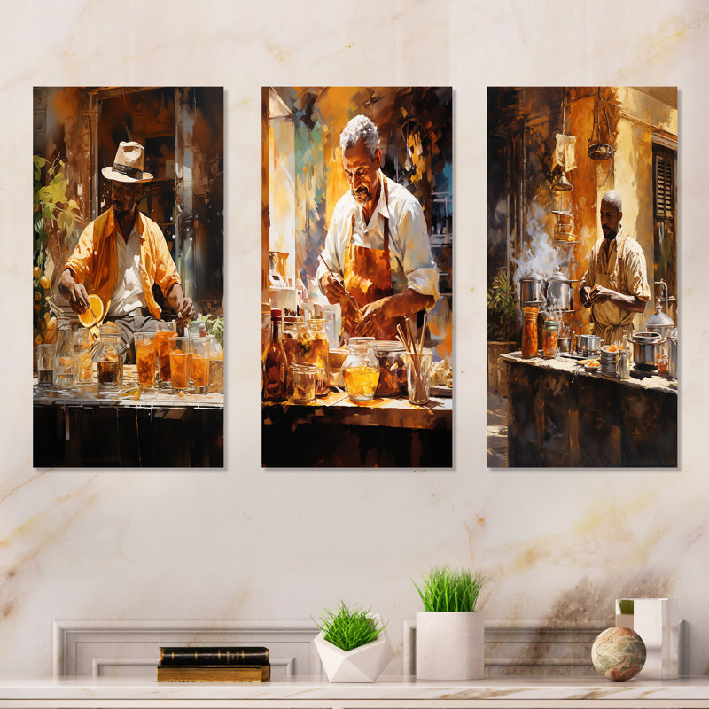 Cubain café ambre préparation - café, ensemble de 3 impressions sur métal, H 28 po x l 36 po