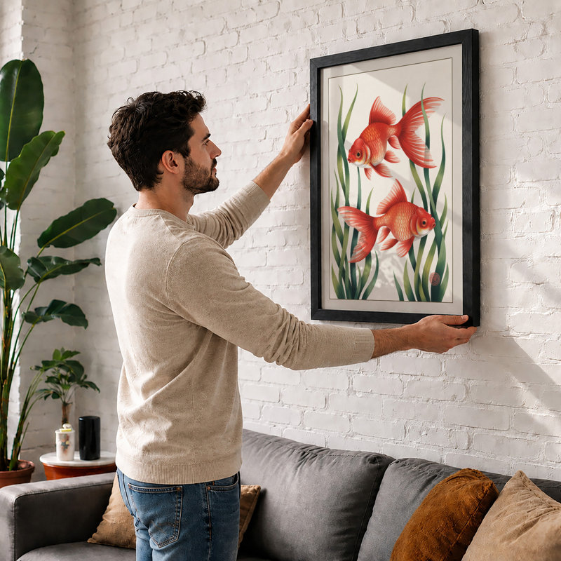 Goldfish Among Aquatic Plants Botanical - Print, A2 - 59.4 x 42.0 cm, Walnut