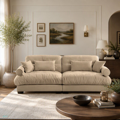 Grand canapé moderne à deux places avec accoudoirs renforcés, canapé en velours 2 places avec coussins de taille et coussins décoratifs, convient au salon, au loft, aux espaces de travail, au couloir et à la chambre à coucher, chameau
