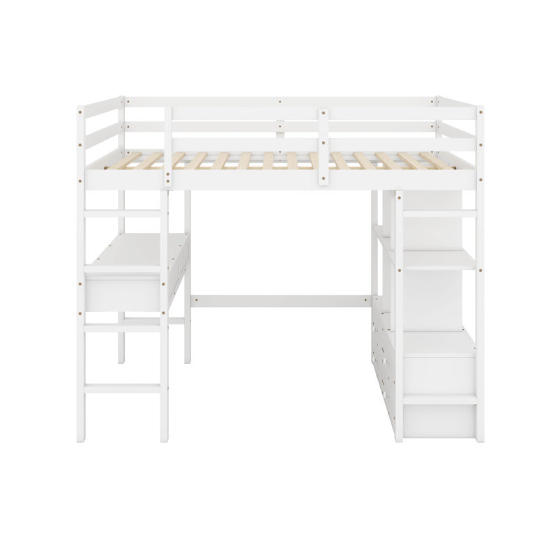 Lit mezzanine double avec bureau, tablettes et tiroirs de rangement