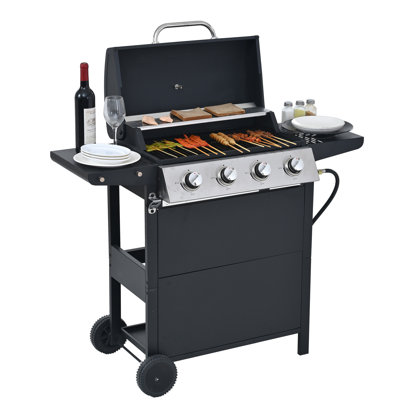 Stainless Steel 4 Burner Propane Gas Grill, 34,000 , With Wire Grates And Two Shelves For Garden Use Construction, Tables Maneuverable Wheels