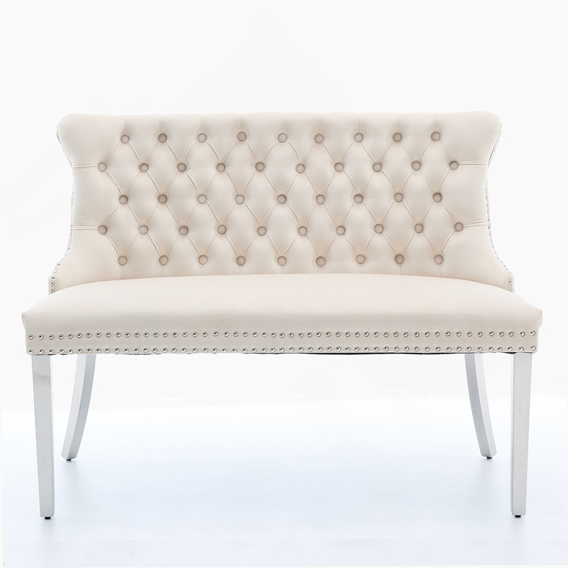 Velvet Double Dining Loveseat Bench, Kitchen & Dining Seating, 2-Seat Tufted Bench W/Handmade Buttons, Wing Back, Brushed Silver Stainless Steel Legs, Mid Century Modern,Single Pack,Beige