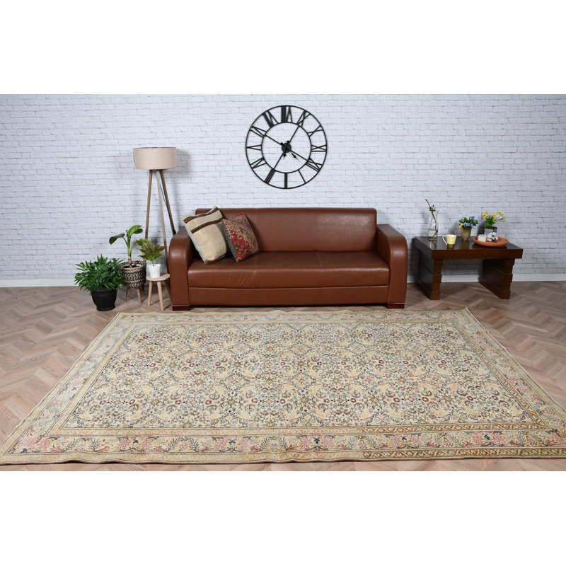 Handcrafted Turkish Area Rug With Elegant Floral Patterns In Beige Tones Perfect For Enhancing Living Room Decor
