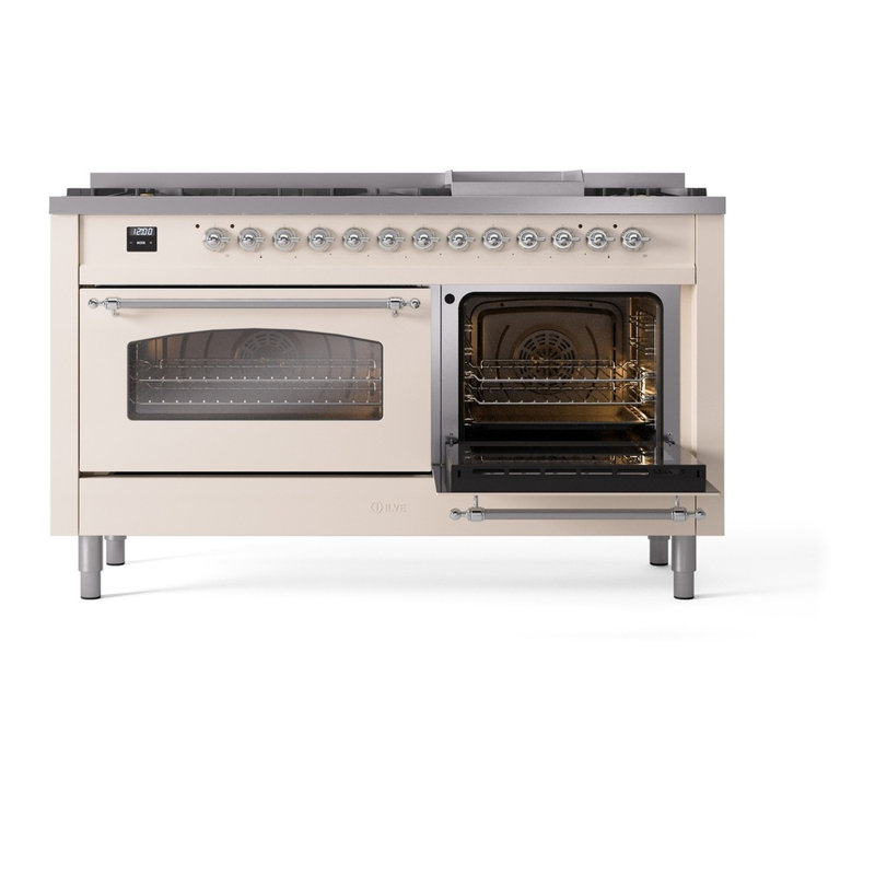 ILVE Nostalgie II 60 Dual Fuel Range, 9 Burners, Griddle, Antique White/Chrome, Natural Gas