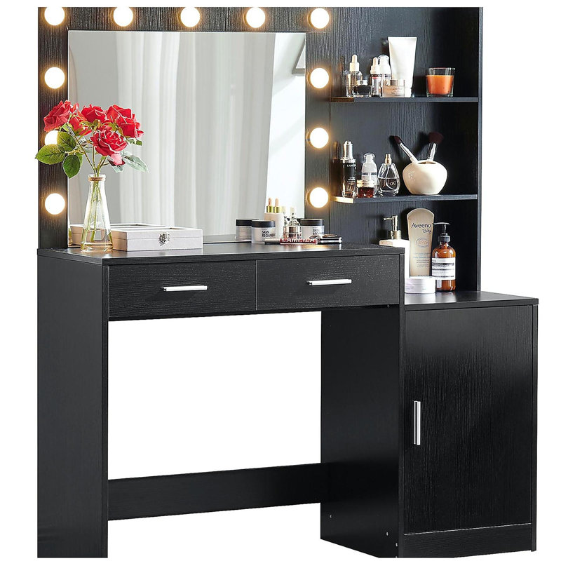 Meuble-lavabo avec miroir et lumières, coiffeuse 46,4 po avec 2 grands tiroirs et grand organisateur vertical, commode à 3 niveaux et 3 modes d'éclairage à luminosité réglable, convient à la chambre à coucher (noir)
