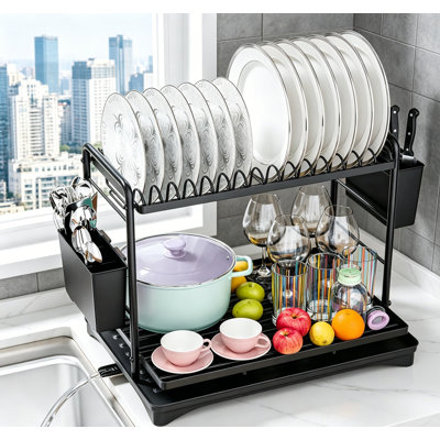 2 Tier Stainless Steel Dish Rack with Utensil Holder and Drainboard for Kitchen Sink