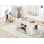 Table basse ovale de style moderne avec roulettes, rangement ouvert et structure en bois d'hévéa durable au fini chêne